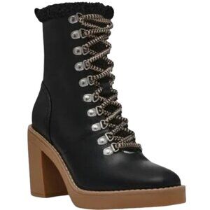 Dolce Vita Carmen Faux Fur Shearling Lace Up Heeled Boots Women's 9 Black NWOB